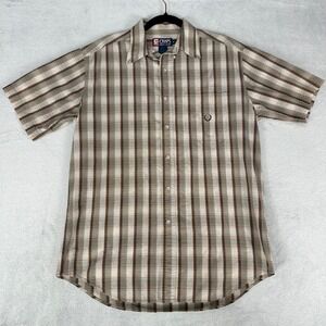 Chaps Ralph Lauren Button Up Mens M Brown Plaid Short Sleeve Crest Logo Shirt